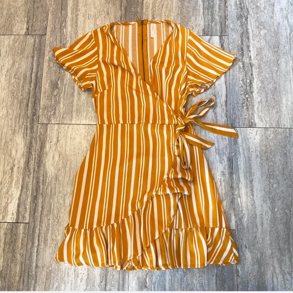 Striped Wrap Dress in Mustard and White